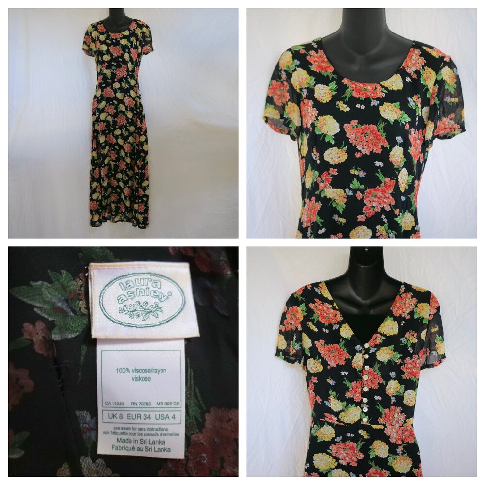 vtg 90s LAURA ASHLEY Black Floral Button Back Shift Dress Rayon Boho Grunge 4